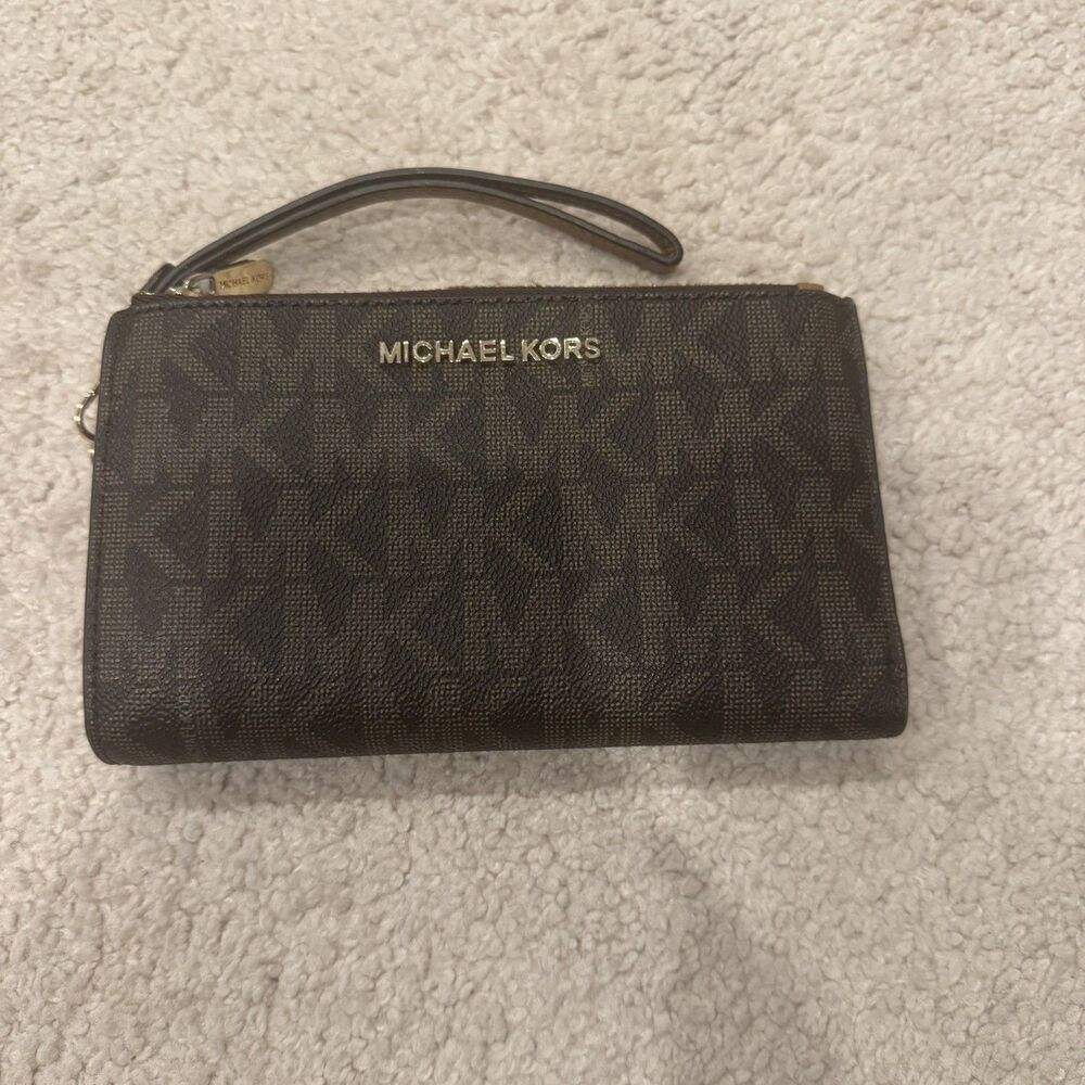 Michael Kors Authentic Brown Wristlet Wallet with Zipper Logo Credit Card Slots